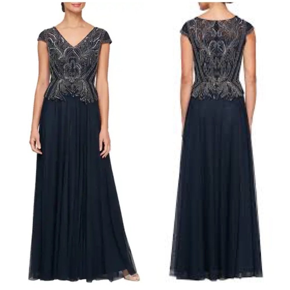 NWT Alex Evenings Beaded Tulle Cap Sleeve V Neck Bodice Ball Gown Navy Sz 6